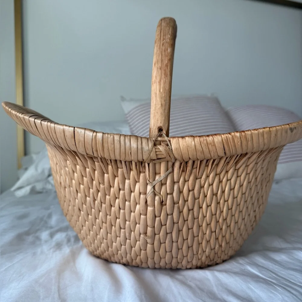 Vintage Chinese Handwoven Willow Basket Bentwood Tote Rustic Japandi Wabi-Sabi